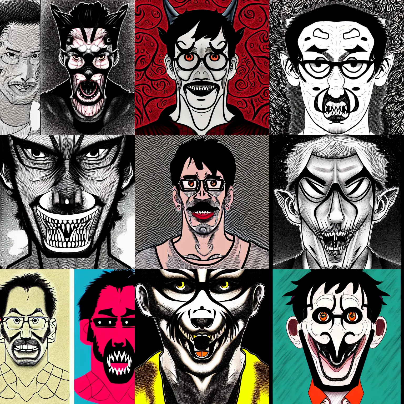 Prompt: a detailed digital art of markiplier poorly disguised as a werewolf in the style of junji ito and william blake, ornate, 8 k, maximalist, beautiful, artstationhq, award - winning art,