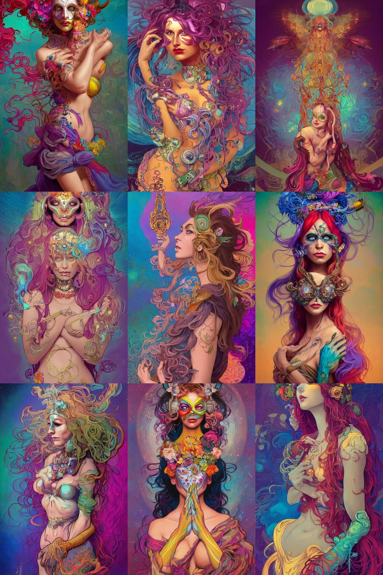 Prompt: woman, body paintings, full character, character concept, mask, long hair, full body shot, many colors, colorful, all colors, highly saturated colors, Dan Mumford, Peter Mohrbacher, Alfons Mucha, fantasy character, detailed illustration, hd, 4k, digital art, overdetailed art, concept art, trending on artstation