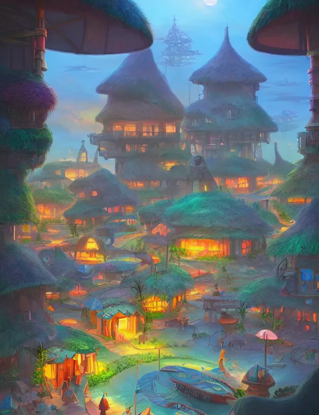 Prompt: futuristic but cozy fantasy village at a tropical coast. this air brush painting by the award - winning concept artist has an interesting color scheme, plenty of details and impeccable lighting.