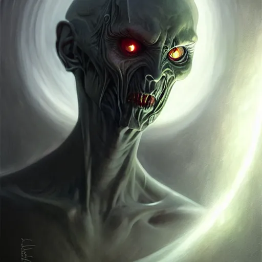 Image similar to grey alien, horror demon, heroic lighting, dark fantasy, intricate, elegant, highly detailed, lifelike, photorealistic, digital painting, artstation, illustration, concept art, smooth, sharp focus, art by John Collier and Albert Aublet and Krenz Cushart and Artem Demura and Alphonse Mucha