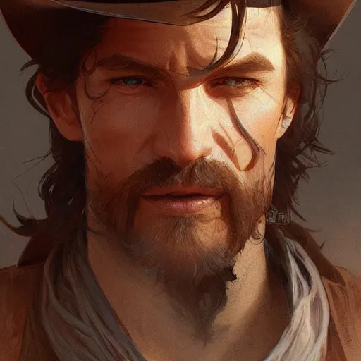 Image similar to rugged male cowboy, painted fantasy character portrait, highly detailed, digital painting, artstation, concept art, sharp focus, illustration, art by artgerm and greg rutkowski and alphonse mucha