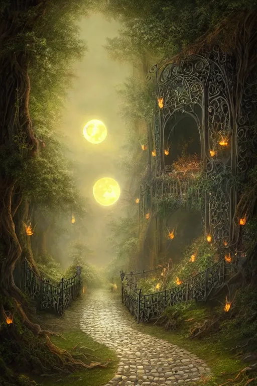 Prompt: a beautiful digital illustration painting of a detailed gothic fantasy fireflies forest trees and iron gate cobblestone pathway vines full moon by justin gerard, james gurney, 8 k resolution trending on artstation concept art digital illustration