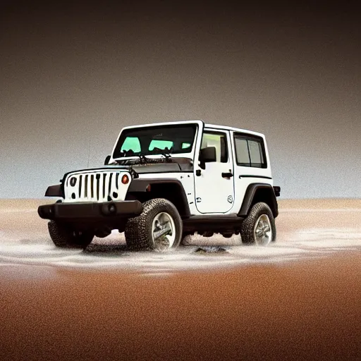 Image similar to digital art of a 1997 hardtop white Jeep Wrangler drowning in quicksand, beautiful iridescent fog swallows the dirty swamp, gritty, Venom liquid grabs at the Jeep, cinematic, extraordinary colorful landscape, photorealistic, soft vintage glow