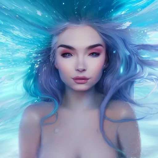 Image similar to A mesmerizing ethereal oceanic portrait of Kim Petras, splash art, natural light, sunlit, hyperdetailed, artstation, cgsociety, deviantart 8k