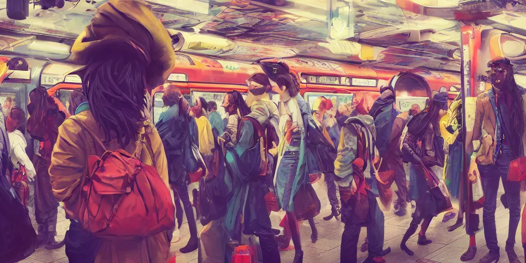 Image similar to london subway people, colorful, contrast, depth of field, 3 d scene, render, greg rutkowski, zabrocki, karlkka, jayison devadas, trending on artstation, 8 k, ultra wide angle, zenith view, pincushion lens effect