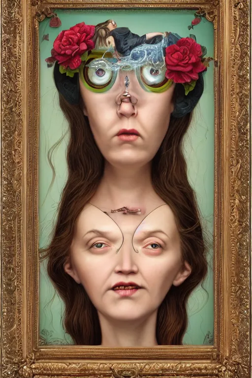 Image similar to a woman wearing a n oculus through her head to catch a trash Mark Ryden and Alex Gross, Todd Schorr highly detailed