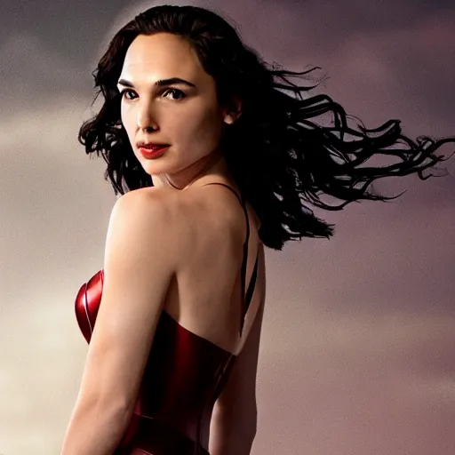 Prompt: Full body photo of the beautiful woman Gal Gadot a vampire, she is quiet, she has a black cape, there is a red glow coming from her, she is getting ulluminated by the red full moon, the photo was taking by Annie Leibovitz, matte painting, oil painting, naturalism, 4k, 8k