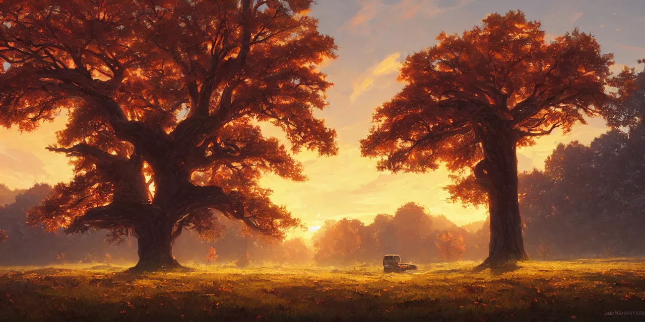 Image similar to a beautiful, stunning landscape with a giant oak tree in the fall sunset by makoto shinkai syd meade simon stalenhag environment