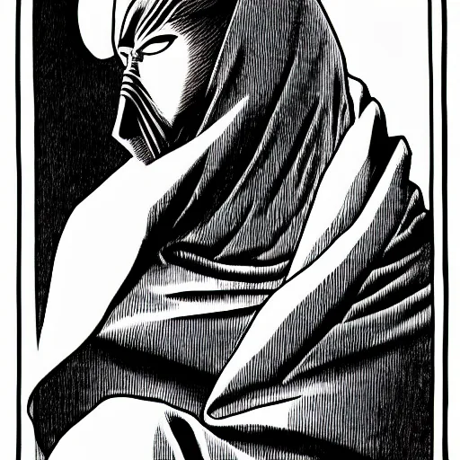 Image similar to hooded man with masked face, junji ito,