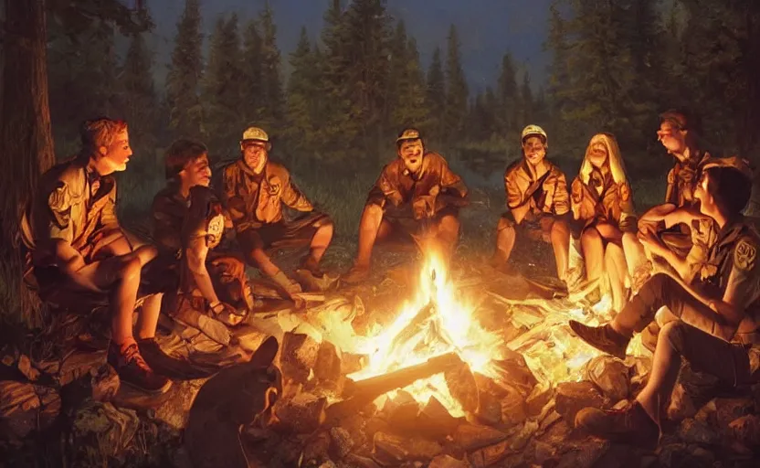 Prompt: A group of Scouts singing songs around a campfire by a lake, trending on artstation, 8k, highly detailed, warm lighting, concept art, illustration, art by artgerm and greg rutkowski and alphonse mucha