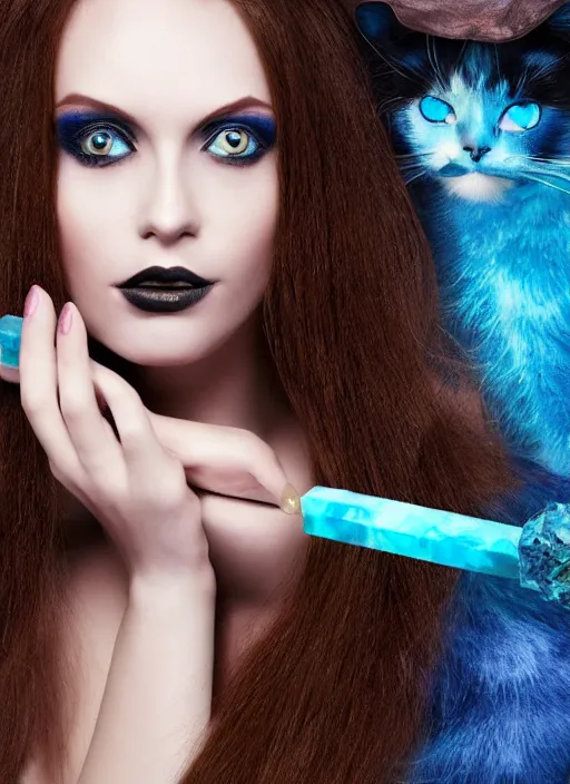 Prompt: a beautiful witch with long dark hair, large blue eyes and a very cat like eye make - up holding a wand with a very large magical gemstone at the top radiating energy.