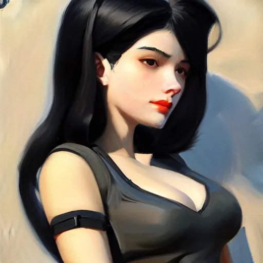 Image similar to greg manchess portrait painting of white pale girl with black hair as overwatch character, medium shot, asymmetrical, profile picture, organic painting, sunny day, matte painting, bold shapes, hard edges, street art, trending on artstation, by huang guangjian and gil elvgren and sachin teng