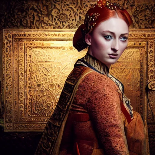 Image similar to sophie turner in javanese victorian clothing, hyper realistic, ambient lighting, concept art, intricate, hyper detailed, smooth, dynamic volumetric lighting, octane, raytrace, cinematic, high quality, high resolution, 4 k, cgsociety, rutkowski, gurney