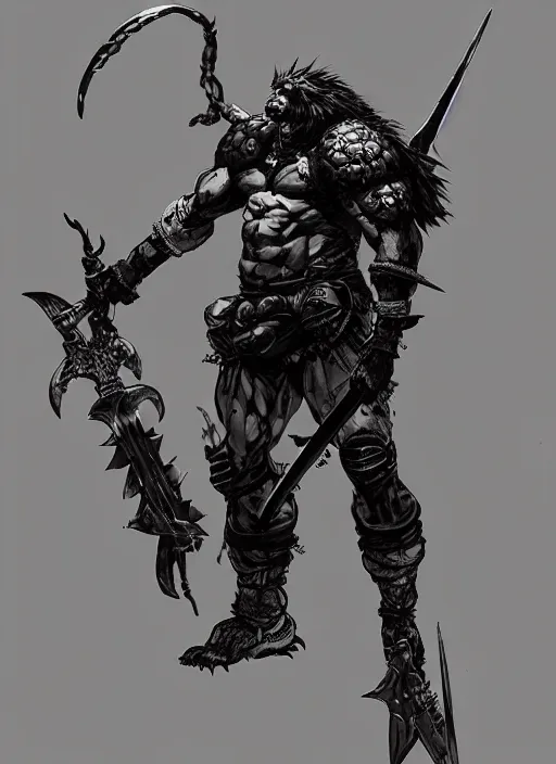Image similar to Full body portrait of giant old gnoll warrior with a giant black blade. In style of Yoji Shinkawa and Hyung-tae Kim, trending on ArtStation, dark fantasy, great composition, concept art, highly detailed, dynamic pose.