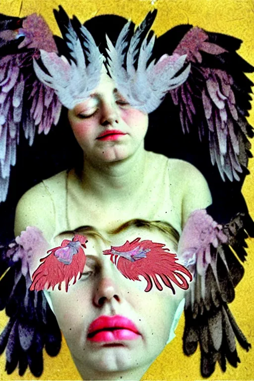 Image similar to a young adult angelgirl soft crying with lots of hands on her face and ratty feathered angel wings, stressed and burnt out, collage by kurt schwitters and eileen agar