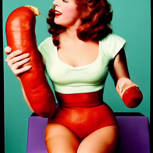 Image similar to ecstatic female fashion model holding an enormous sausage. pinup fine - art eritography, 3 5 mm, f / 2, cinechrome asa 2 0 0, collection of sfmoma, 1 9 8 8, postcard print.