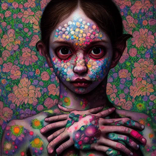 Prompt: A beautiful body art. human technology that had become haunted, possessed by quick, gleaming cleverness. chiaroscuro by Hikari Shimoda dreary