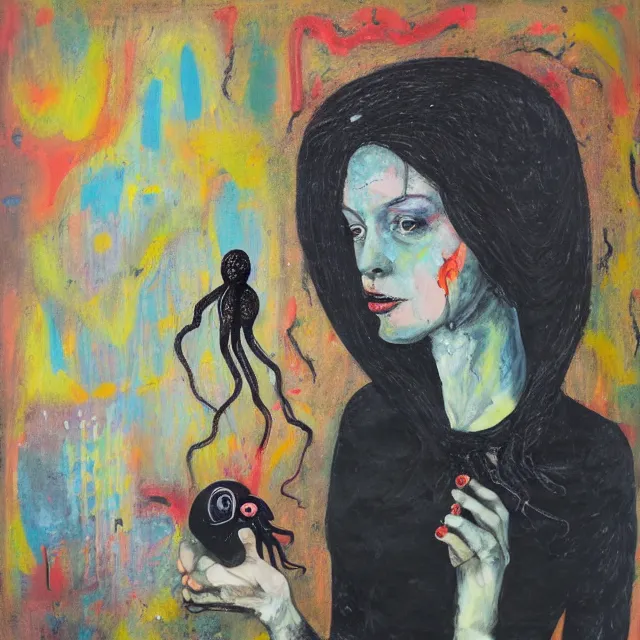 Prompt: a portrait in a dark apartment, a widow holding an octopus, milk, berries, broken bottles, metaphysical, neo - expressionism, surrealism, acrylic and spray paint and oilstick on canvas