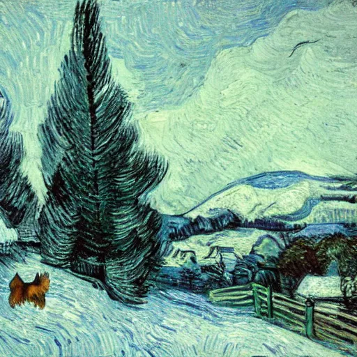 Prompt: beautiful oil painting, snowy snow storm, woodland meadow, log cabin, smoke billowing from chimney, evening, light from window, water stream, water wheel, oak trees, pine trees, rabbits, squirrel, fox, mild breeze wind, falling snow, snow on trees and ground, mountain in background, high detailed, abstract, by van gogh