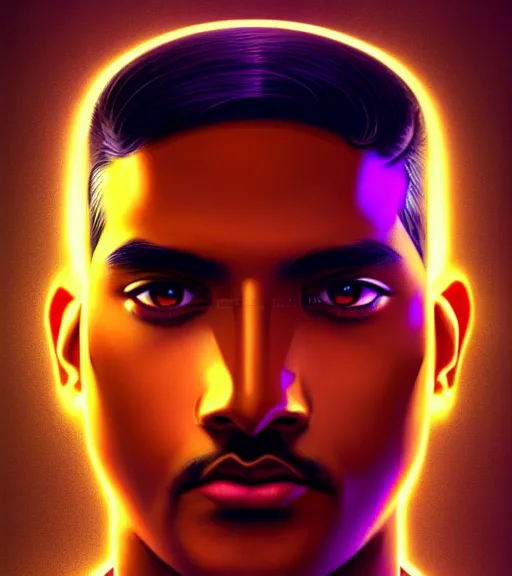 Image similar to symmetry!! indian prince of technology, solid cube of light, hard edges, product render retro - futuristic poster scifi, lasers and neon circuits, brown skin handsome indian prince, intricate, elegant, highly detailed, digital painting, artstation, concept art, smooth, sharp focus, illustration, dreamlike, art by artgerm