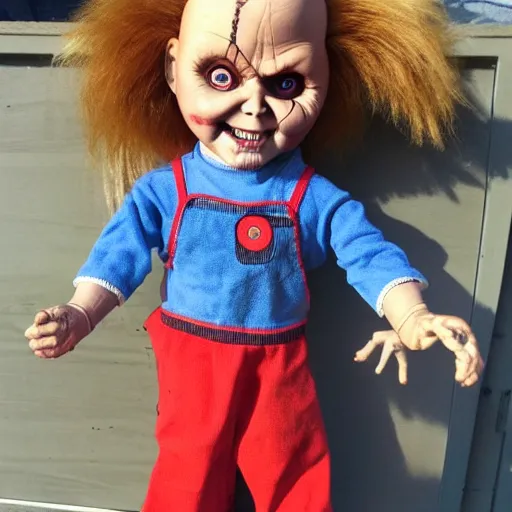 Prompt: Chucky the killer doll on sale at a garage sale vintage creepy