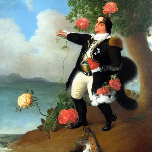 Image similar to a giant fluffy squirrel carrying napoleon bonaparte on its back, beach scene with flowers and foliage, detailed oil painting