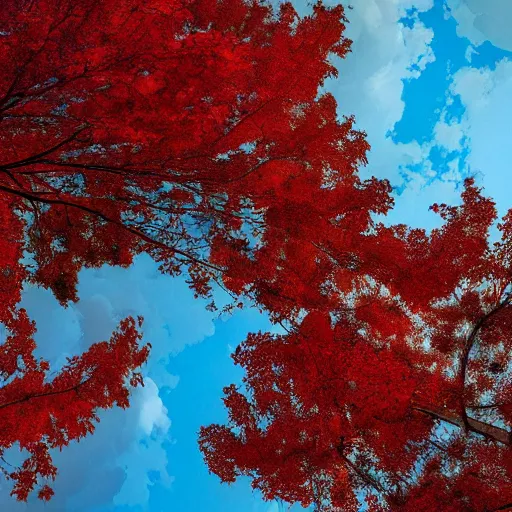 Prompt: 100 meters tall, northern maple oak tree, red leaves, art style by Syd Mead, view from the ground level, looking up, afternoon setting with thick clouds in the distance, digital oil painting