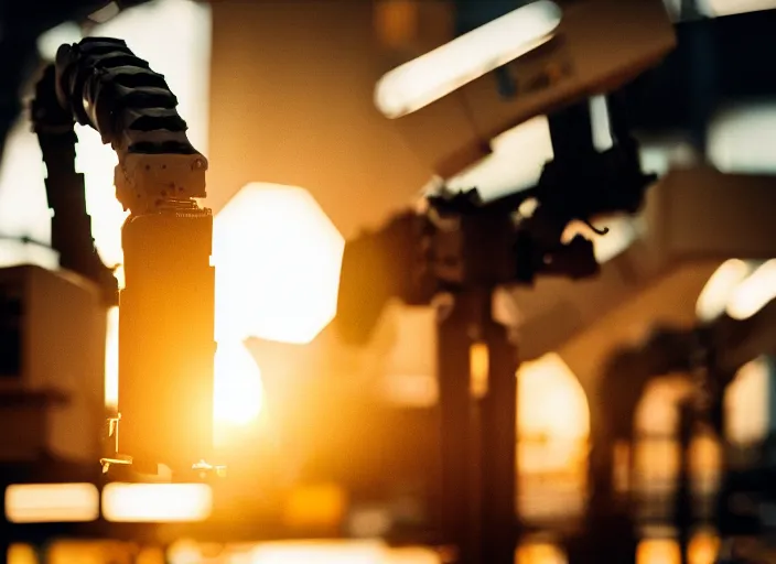 Image similar to a 3 5 mm photo of a robotic arm in a factory, bokeh, canon 5 0 mm, cinematic lighting, film, photography, golden hour, depth of field, award - winning