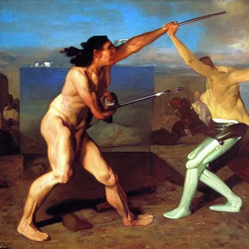 Prompt: a human painter fighting a robot, art, oil painting, by Eugene Delacroix, by David Ligare, high quality, composition