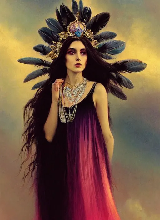 Image similar to ombre velvet gown, dark colors, feathers, lovely bohemian princess, portrait, dramatic light on face, long hair, tiara, dozens of jeweled necklaces, feral languid woman, by greg rutkowski, brom, anato finnstark, alphonse mucha