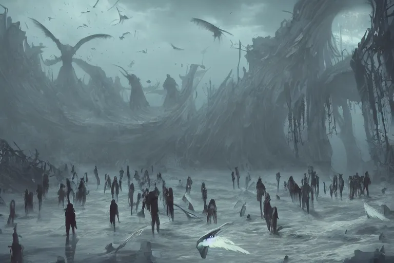 Image similar to crowd of fallen angels wandering through the ocean of decay, artstation