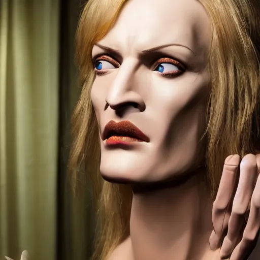 Prompt: animatronic Uma Thurman, exposed mechanics, photo, Stan Winston studios, detailed, 4k