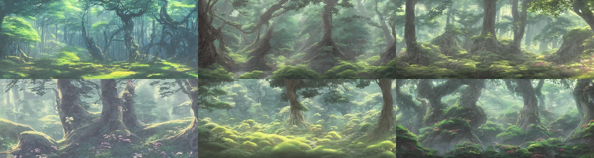 Prompt: a beautiful painting illustration of a mystical forest by Kazuo Oga, from the studio ghibli film, trending on artstation