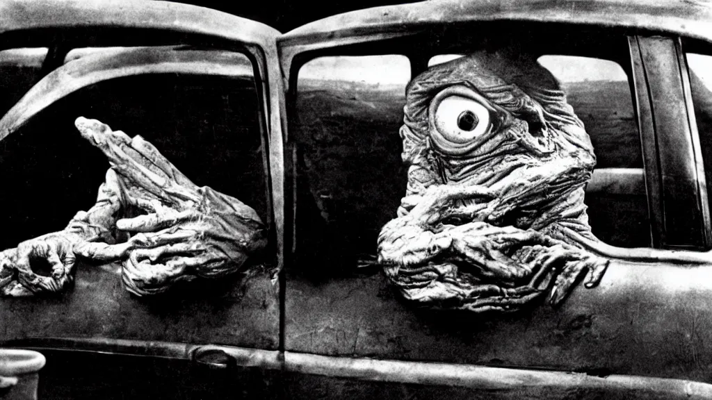 Image similar to the creature sits in a car, made of wax and oil, film still from the movie directed by David Cronenberg with art direction by Salvador Dalí, wide lens