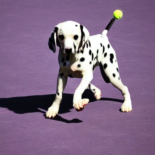 Prompt: a dalmatian dog playing tennis, HD photo