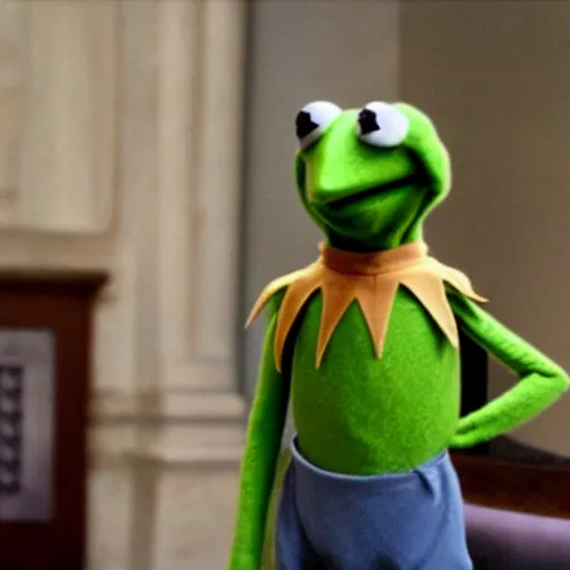 Image similar to Kermit the Frog is the latest Bond girl in 007, movie still, 4k ultra HD