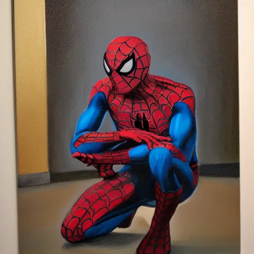 Prompt: spiderman, kneeling, praying, head lowered, portrait, oil, painting