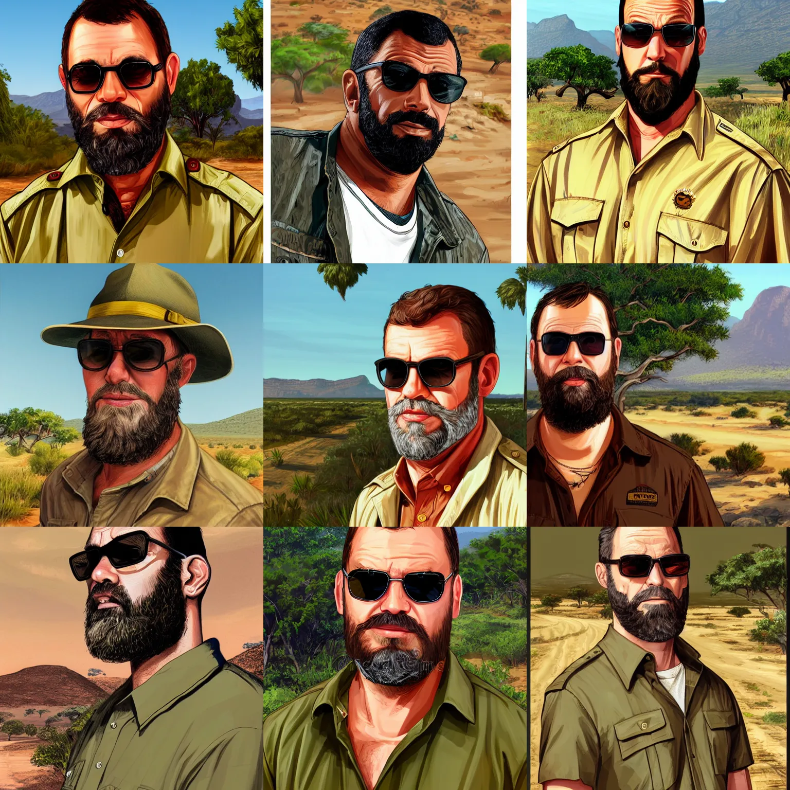 Prompt: friendly afrikaans man with beard wearing sunglasses and khaki shirt, gta v style portrait illustration by earl norem, bushveld background