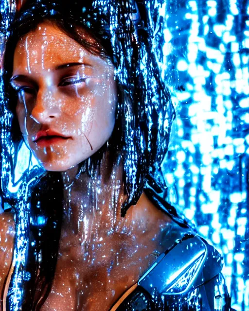 Image similar to photo of female dancer as a cyberpunk mecha humanoid robotic head shoulder parts with straight bright led lights, under a shower, wet skin with water dripping down face, ultra - realistic and detailed, 8 k