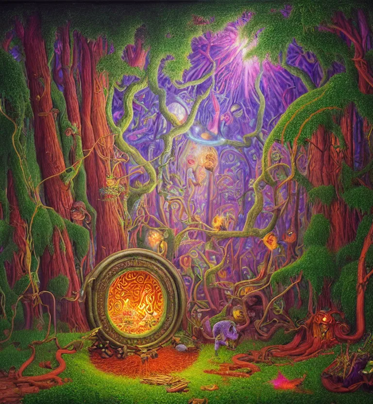 Prompt: a photorealistic highly detailed painting of a magic portal in the forest by johfra bosschart, lisa frank, ithell colquhoun, visionary art, dark fantasy art, high detail, trending on artstation