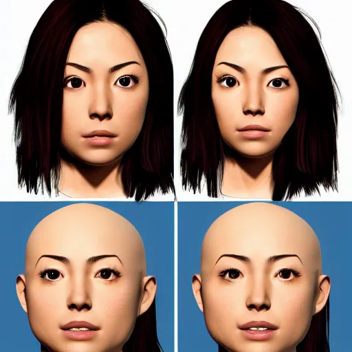 Image similar to portrait karen fukuhara aubrey plaza no hair bald neutral expression face straight on headshot even lighting texture character creator 4