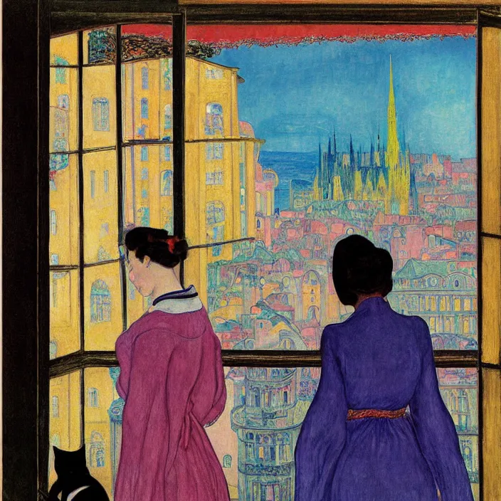 Image similar to close portrait of woman in night gown with cat and aloe vera, with city with gothic cathedral seen from a window frame with curtains. sun through the clouds, vivid iridescent colors. agnes pelton, egon schiele, henri de toulouse - lautrec, utamaro, monet