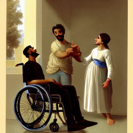 Image similar to a male patient in a wheelchair in the hospital with his wife and son standing by. happy, cheerful, smiling, intricate, face enhance, sharp focus, cinematic lighting, featured in artistation, 8 k, art by greg rutkowski, william adolphe bouguereau