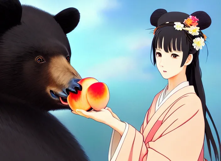 Image similar to anime portrait painting of a girl wearing a kimono giving a peach to a large anthropomorphic asian black bear, featured in artstation, artgerm, octane render, award winning, cinematic, elegant, intricate, 8 k, close up, in the style of studio ghibli and heikala and alphonse mucha,