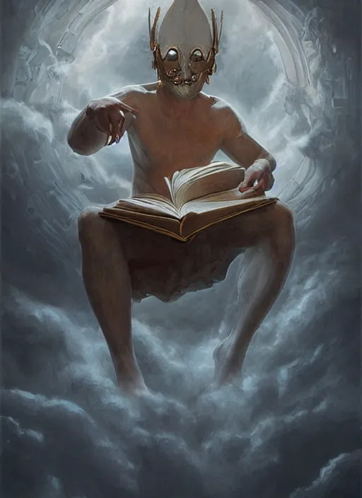 Image similar to Magic Floating Thespian Mask reading a book, no body, bodyless, theater mask, Ivan Aivakovsky, Boris Vallejo, epic fantasy character art, D&D Concept Art, full length, Realistic, Regal, Refined, extremely detailed, Detailed Digital Art, Oil Paining, Exquisite detail, post-processing, masterpiece, Cinematic Lighting, Unreal Engine, 8k, HD, Stanley Artgerm Lau, WLOP, Rossdraws, Frank Frazetta, Andrei Riabovitchev, Marc Simonetti, trending on artstation, flawless