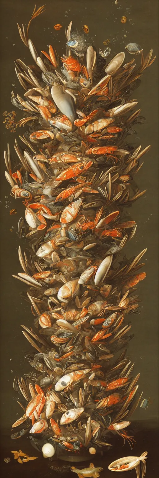 Image similar to A vase of seafood under the sea by Balthasar van der Ast, hyper detailed oil painting