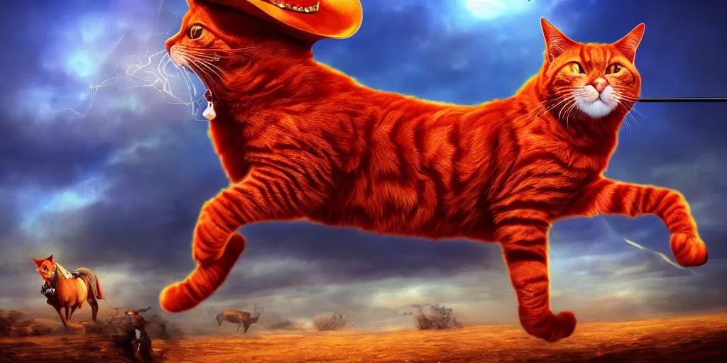 Image similar to a red cat wearing a blue hat while riding a horse and shooting a gun into the air, wild west background, digital art, amazing quality, perfect lighting. Professional design. Great composition. Mind blowing detail. award winning art. impressive colors. trending on artstation.