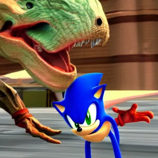 Image similar to Sonic fighting a velociraptor in super smash bros