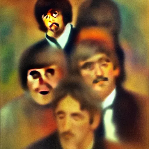 Image similar to Painting of The Beatles, in the style of Renoir, impressionism, oil on canvas