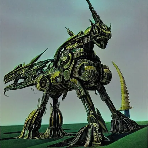 Prompt: Magnificent mecha-dragon hybrid by Roger Dean, by Dean Ellis, surrealism, mecha, dragon , horse